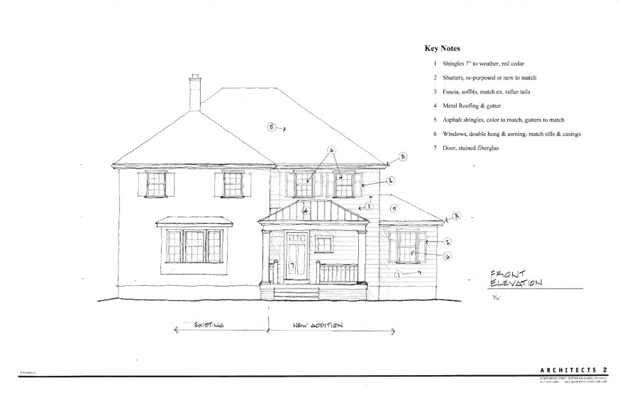Architectural drawing of a two-story house elevation with a porch and windows.