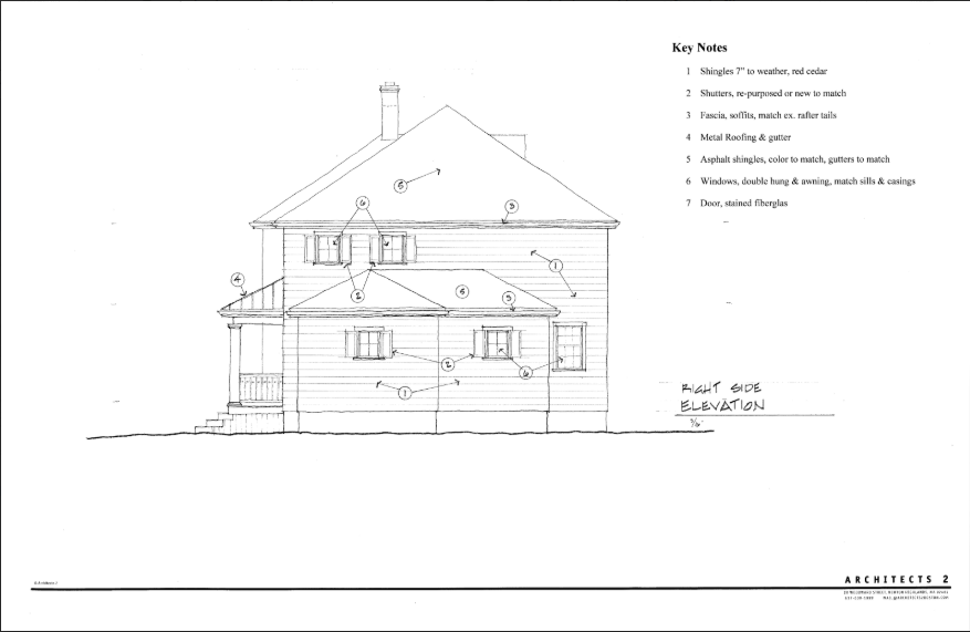 Architectural drawing of a two-story house with a porch and pitched roof; a key indicates materials.
