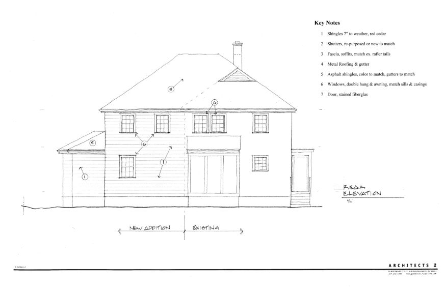 Architectural drawing of a two-story house with siding, windows, and a chimney, labeled with notes.