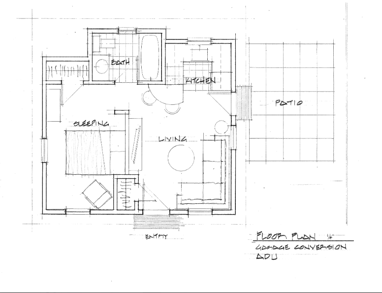 Floor plan sketch of an ADU with sleeping, living, kitchen, and bath areas, plus a patio.