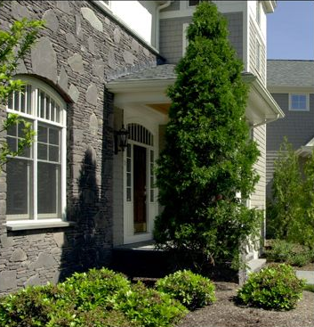 Stone facade house with door under a small portico, tall green tree, and shrubs.
