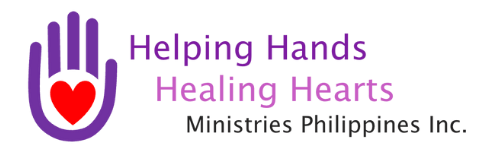 Purple hand with a red heart, text: Helping Hands Healing Hearts Ministries Philippines Inc.