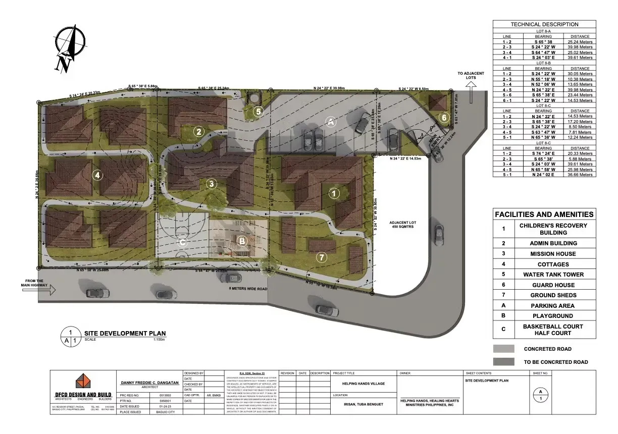 Site plan with buildings, parking, landscaping, and roads, shown in green, brown, and gray.