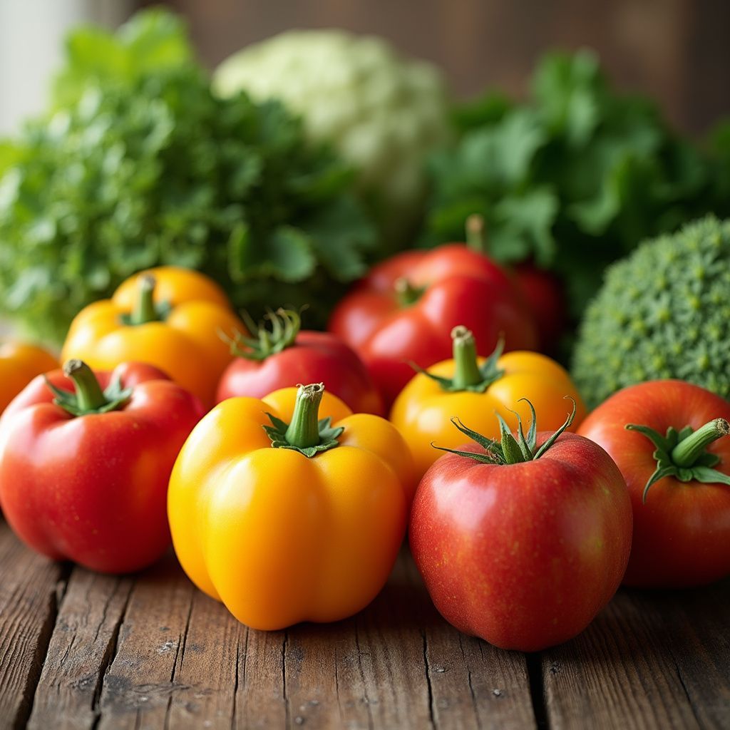 A vibrant assortment of red and yellow bell peppers and fresh tomatoes resting on a rustic wooden table.