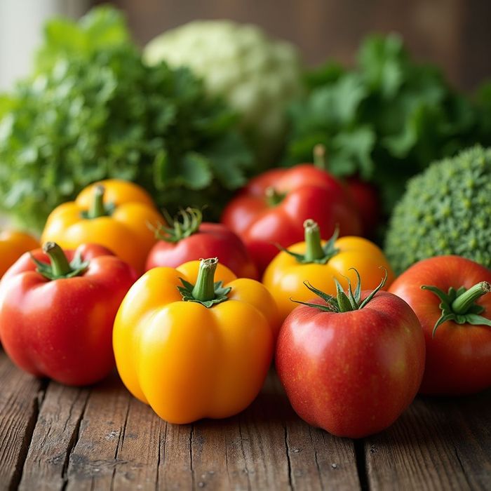A vibrant assortment of red and yellow bell peppers and fresh tomatoes resting on a rustic wooden table.