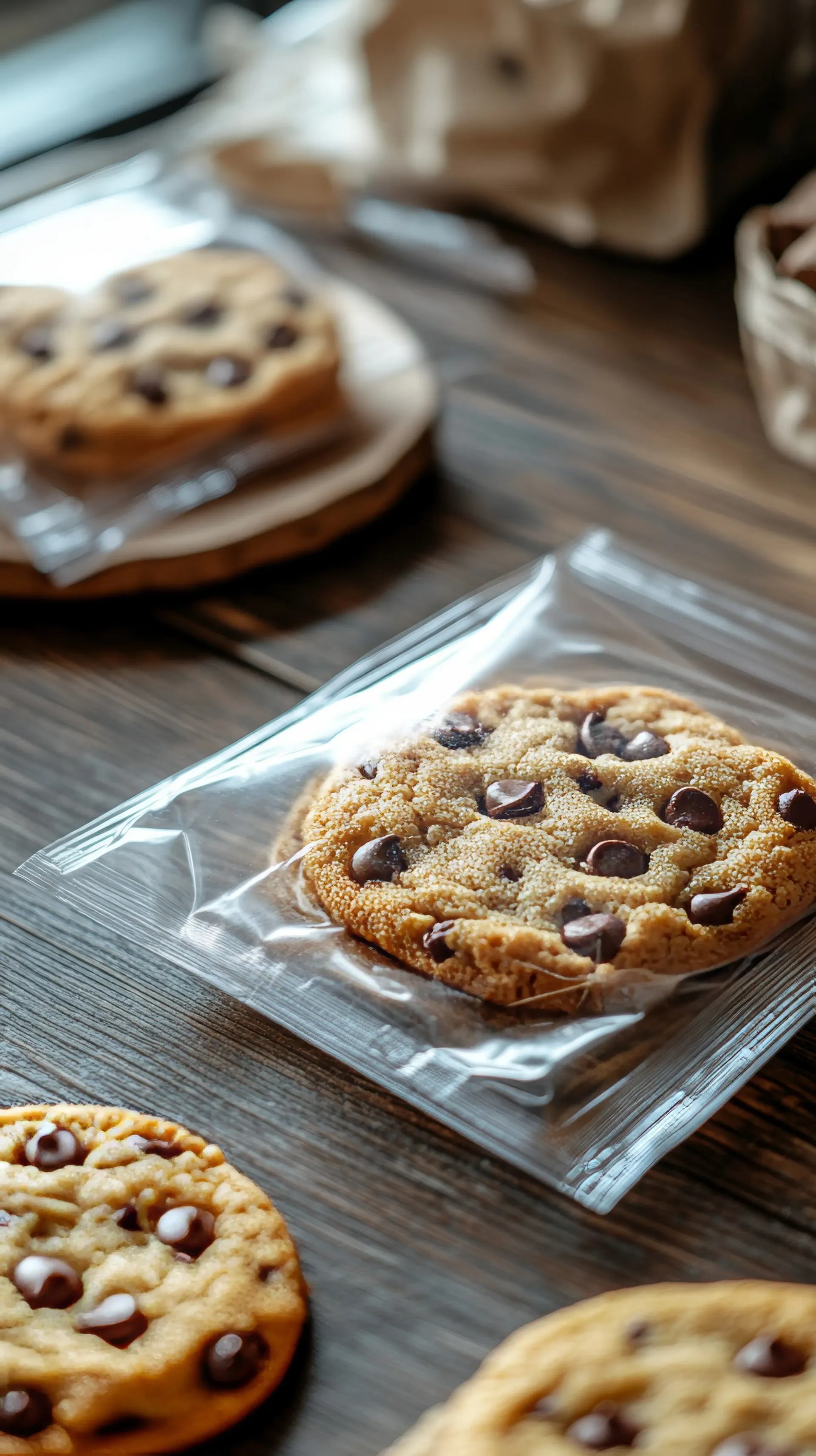 Freshly baked chocolate chip cookies, some individually wrapped in plastic, arranged on a dark wooden surface.