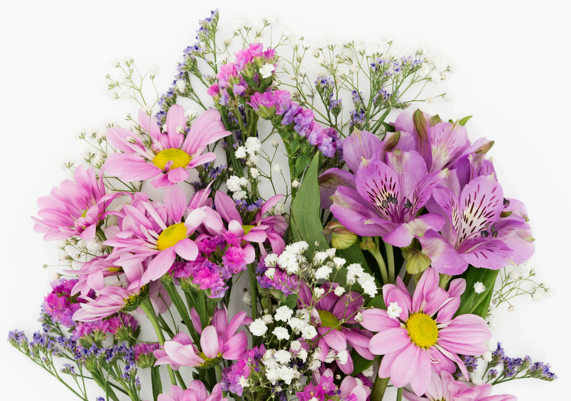 A bouquet of pink daisies, purple alstroemeria, and white baby's breath flowers against a white background.