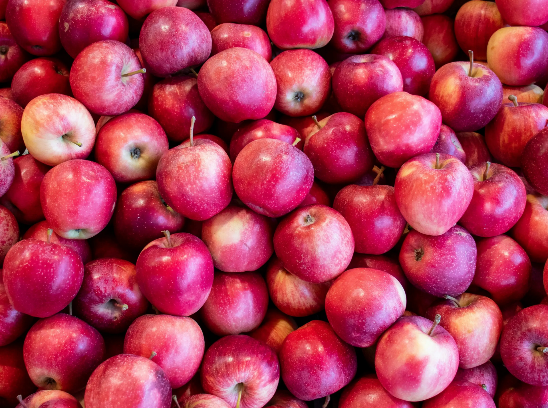 A dense, overhead view of many shiny, bright red apples piled together, filling the entire frame.