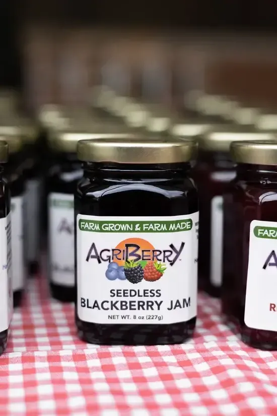 A jar of Agriberry seedless blackberry jam centered on a red and white checkered tablecloth, surrounded by other jars.