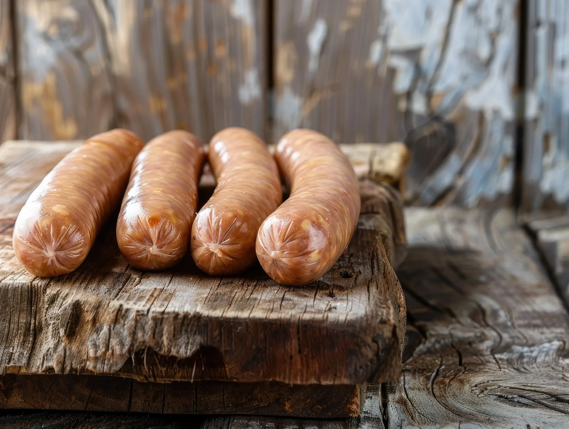 Four raw sausages resting on a weathered wooden cutting board against a rustic wooden background.
