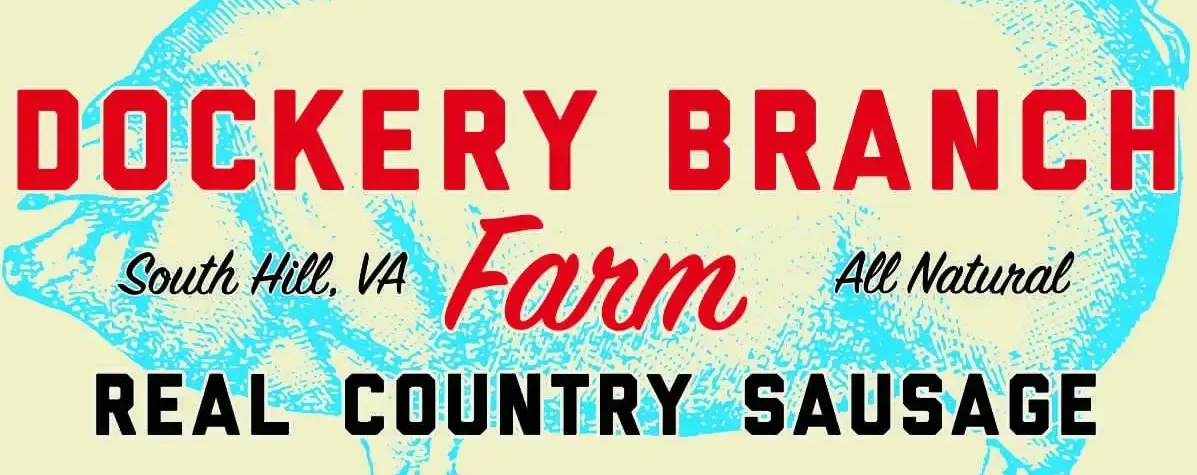 Logo for Dockery Branch Farm in South Hill, VA featuring red text and a blue outline of a pig, labeled Real Country Sausage.