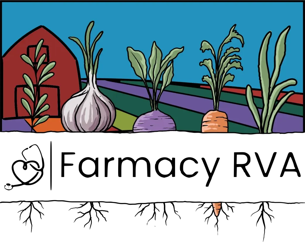 Logo for Farmacy RVA featuring a red barn, vegetables, and a stethoscope-heart icon over a soil bed with roots.