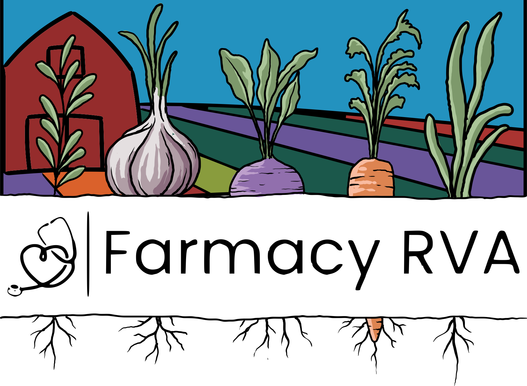 Logo for Farmacy RVA featuring a barn, garden vegetables, and a heart-shaped stethoscope on a white background.