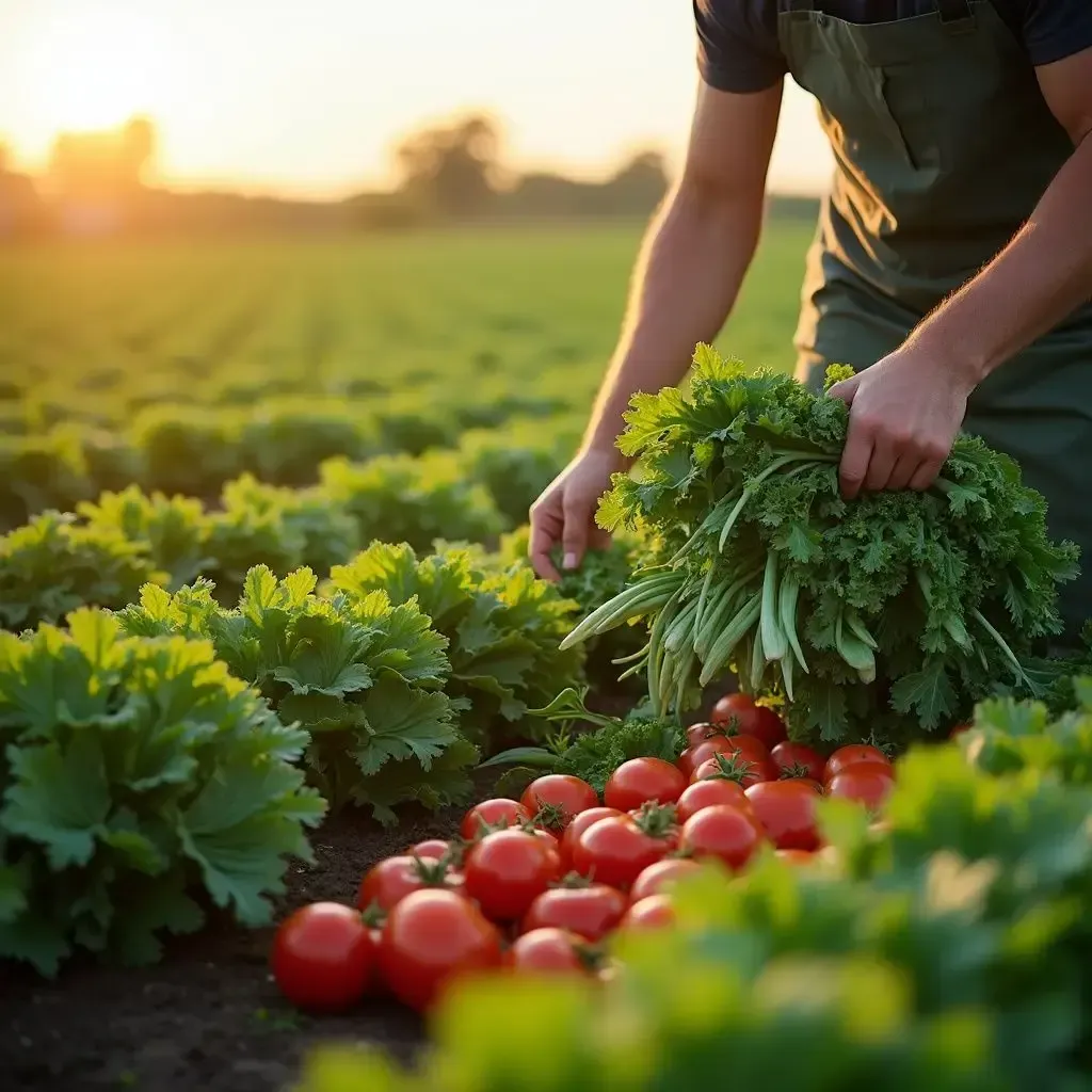 A person in a field at sunset, holding a bunch of kale while harvesting ripe red tomatoes from the ground.
