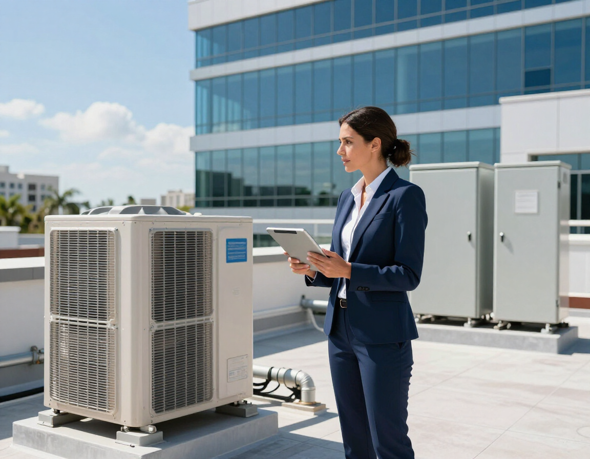 Engineer inspecting rooftop HVAC units beside a modern office building, holding a tablet.