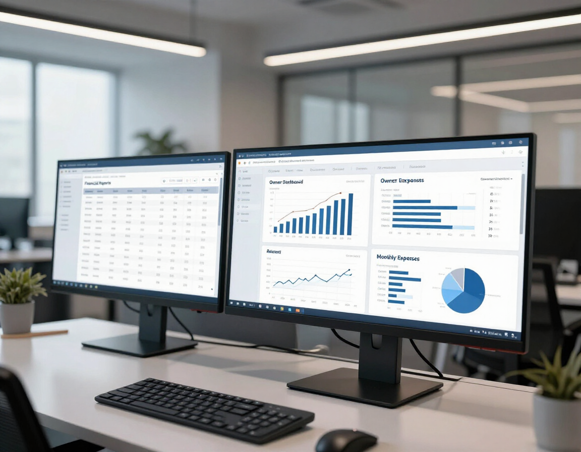 Modern office desk with dual monitors showing spreadsheets and analytics dashboards