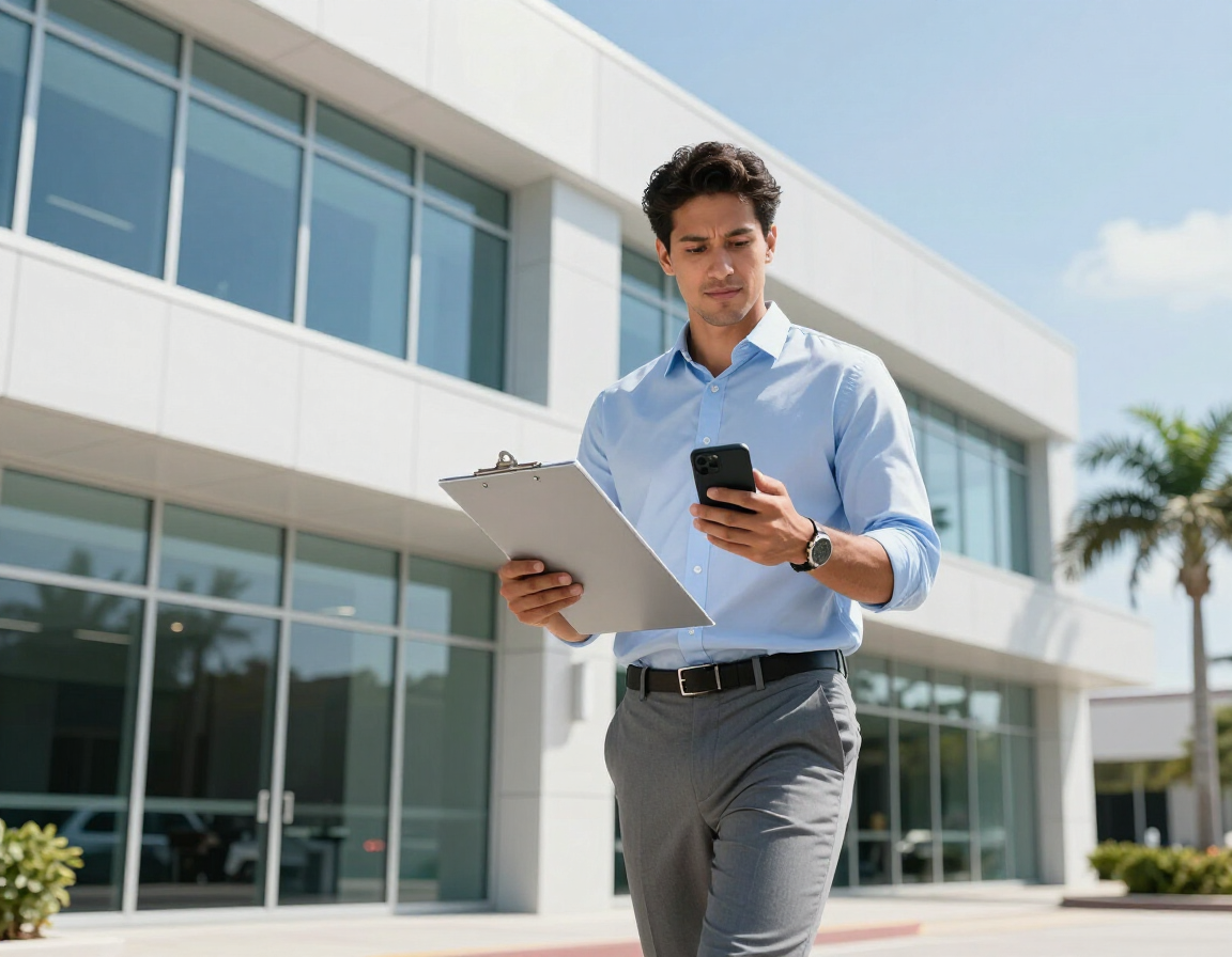 Person walking outside a modern office building, looking at a smartphone and holding a clipboard.