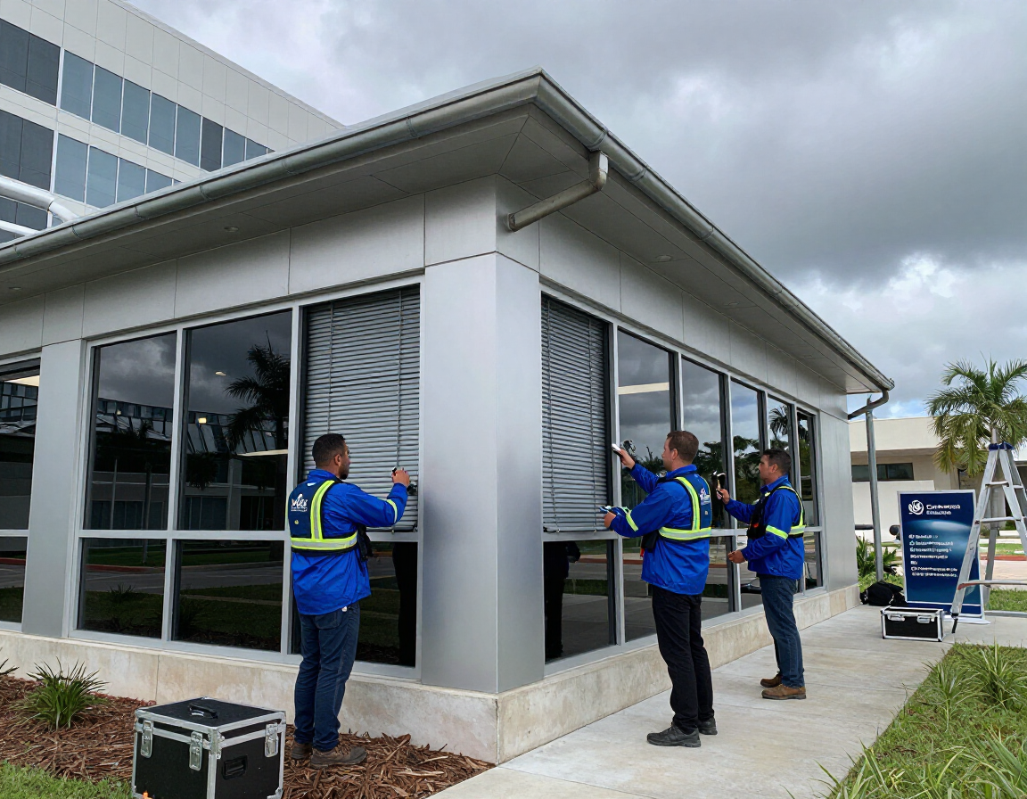 Workers installing window shutters on a modern building exterior