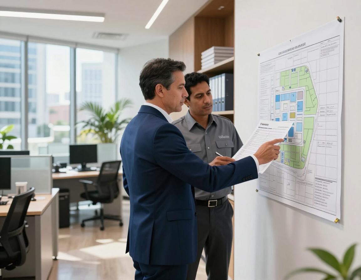 Two men discussing a site plan on a wall in a modern office
