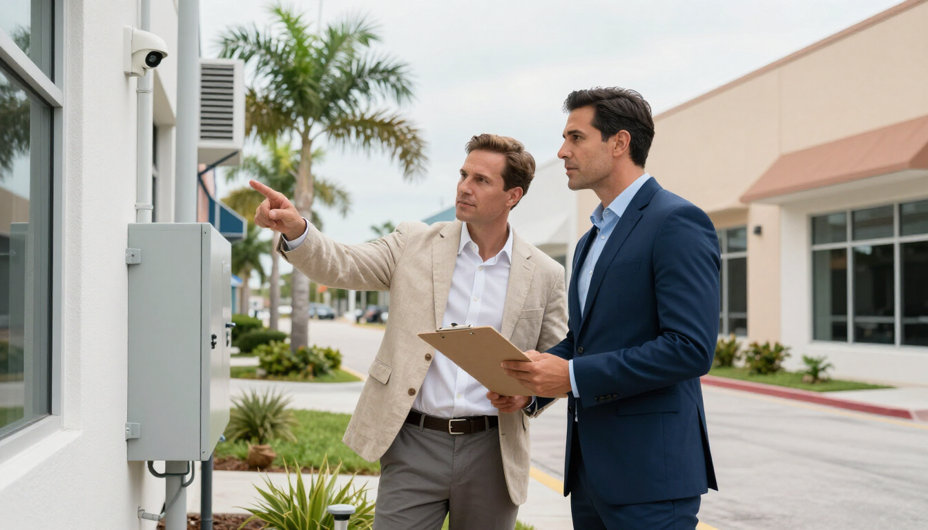 Two professionals reviewing plans outside a modern building, one pointing ahead while holding a folder.
