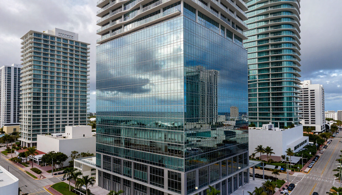 Modern glass office tower reflecting neighboring high-rises in a cloudy urban skyline