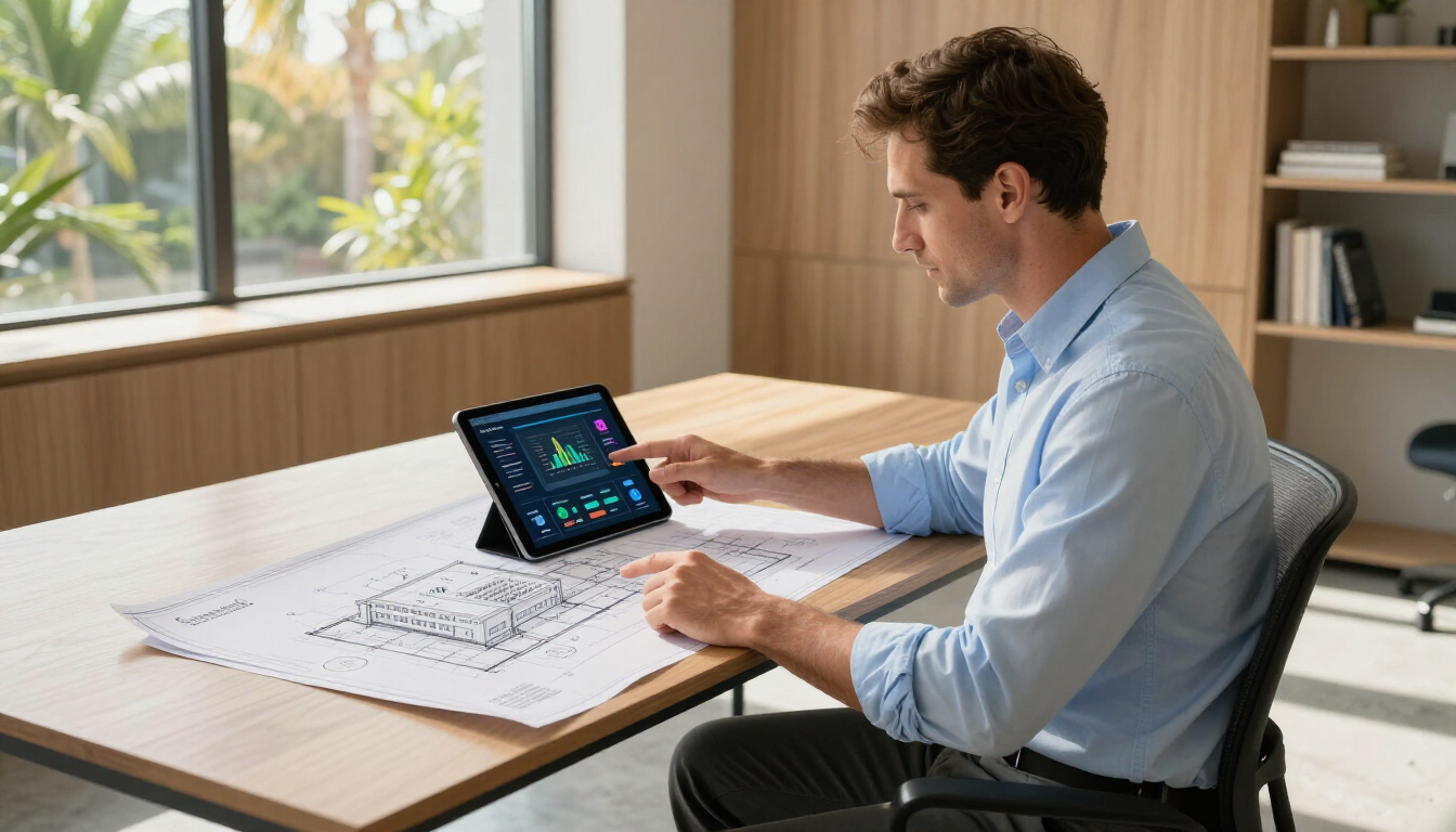 Person working at a desk with a tablet, reviewing a floor plan in a bright office.