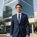 Man in a navy suit standing outside a modern office building, smiling at the camera.