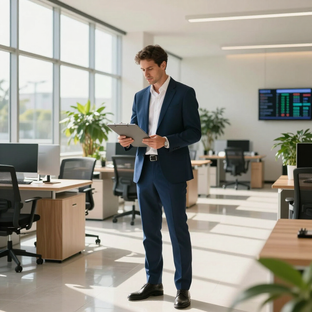 Professional standing in a bright office, reviewing a tablet near desks and computer monitors.