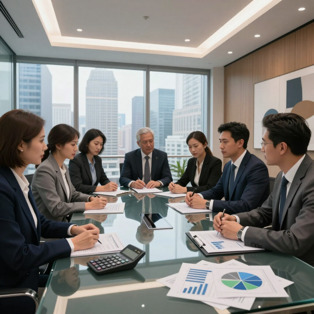 Business meeting in a modern conference room with charts and laptops on a glass table.
