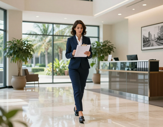 Business professional walking through a modern office lobby while reading documents