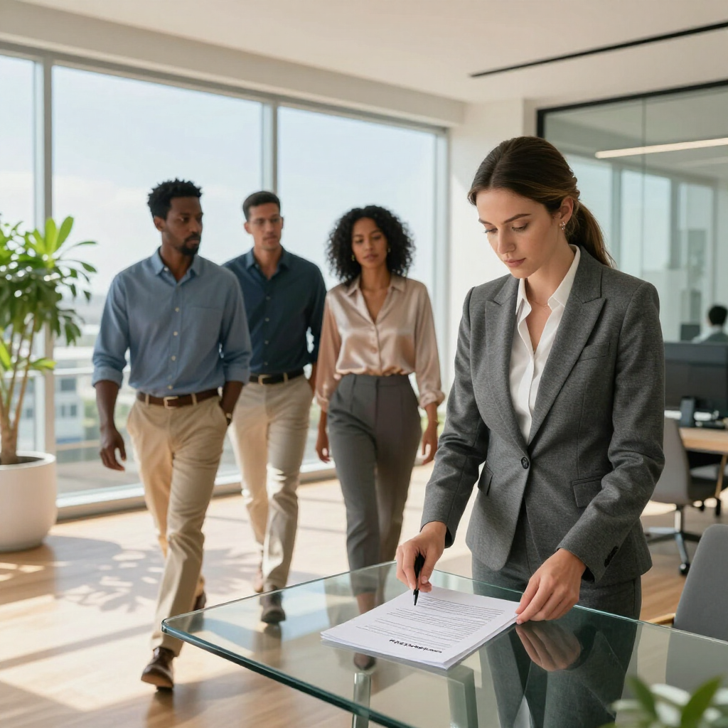 Colleagues in a bright office, one woman signing papers at a glass table while others walk behind her