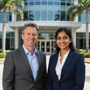 Two professionals smiling outside a modern glass office building