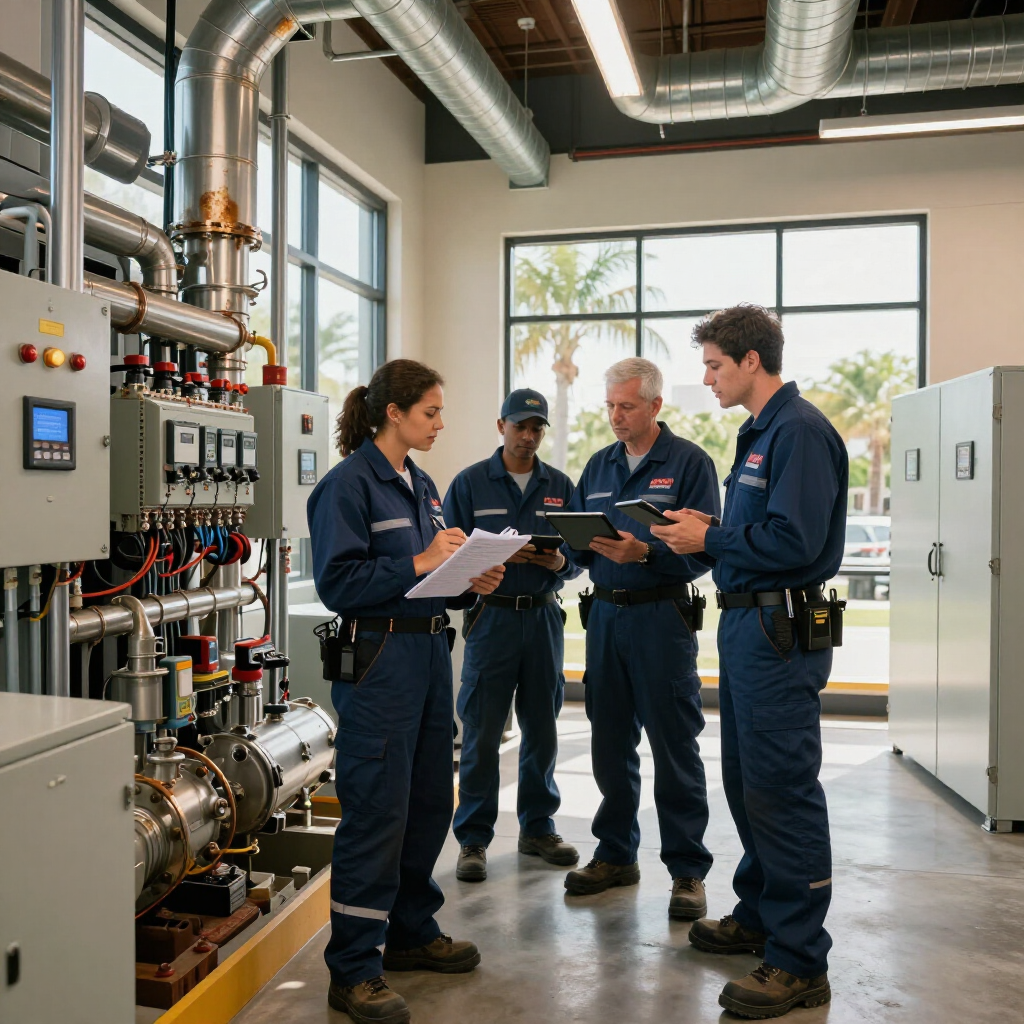 Technicians in blue uniforms reviewing notes in a bright industrial control room with pipes and equipment