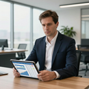 Man in navy suit reviewing a tablet with business charts at a desk in a modern office