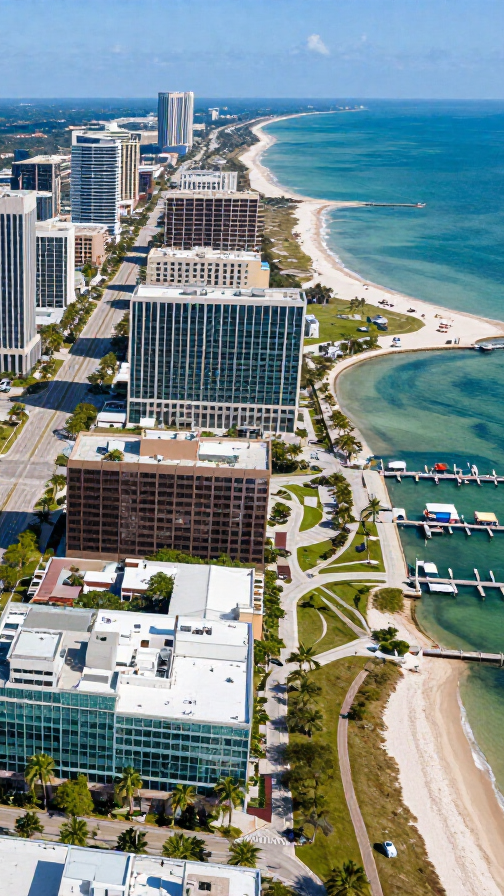 Aerial view of beachfront high-rises, sandy beach, blue ocean, and marina under a clear sky.
