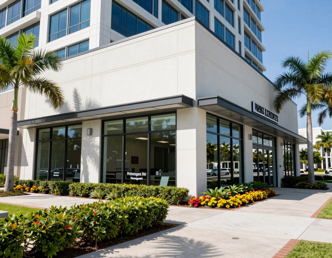 Modern office building with glass storefront, palm trees, and landscaped flower beds