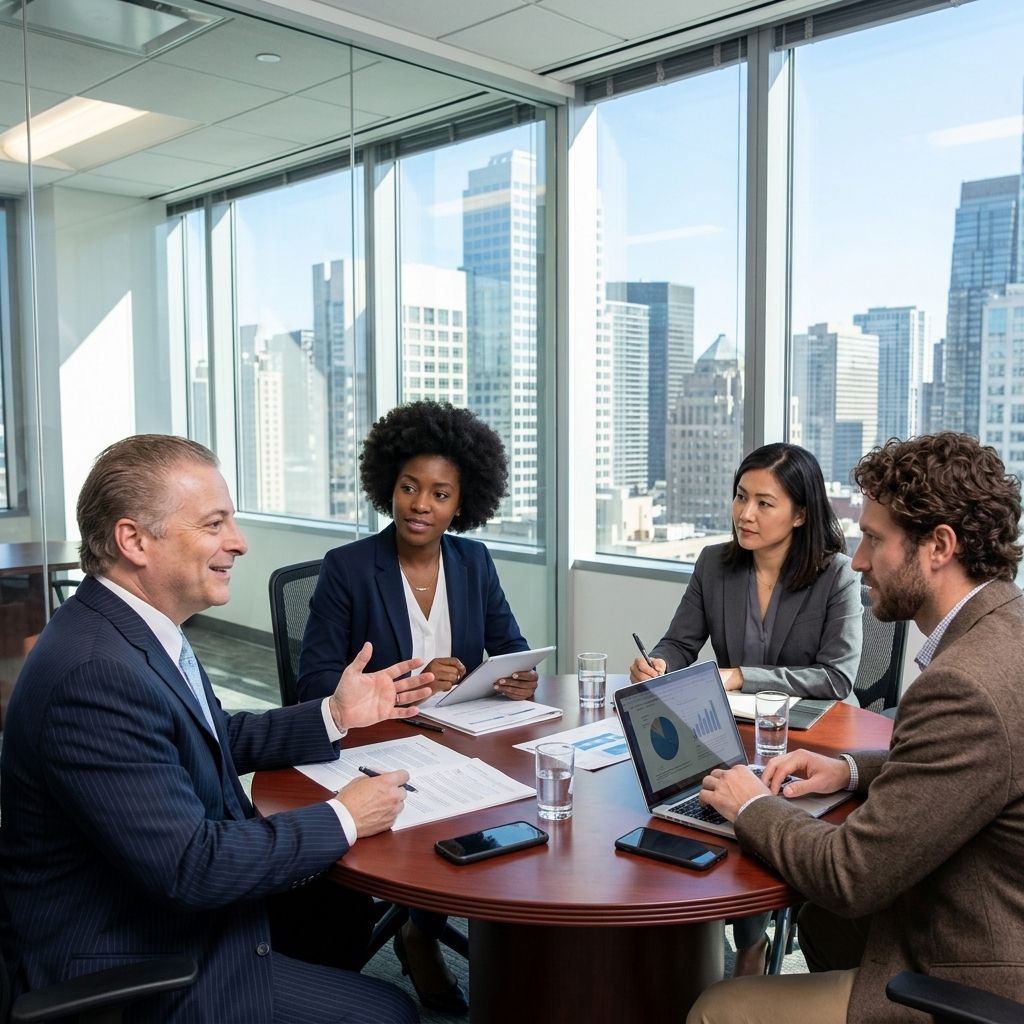 Business meeting in a glass-walled office with four colleagues around a round table and city skyline views.