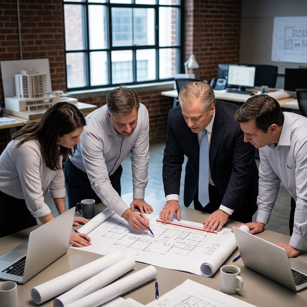 Team of office workers reviewing large blueprint plans around a table in a bright workspace
