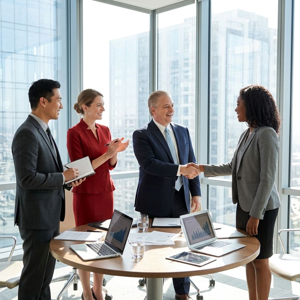 Business professionals shaking hands in a bright conference room with laptops on a round table