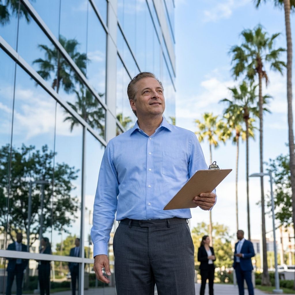 Man holding a clipboard outside a glass office building with palm trees in the background