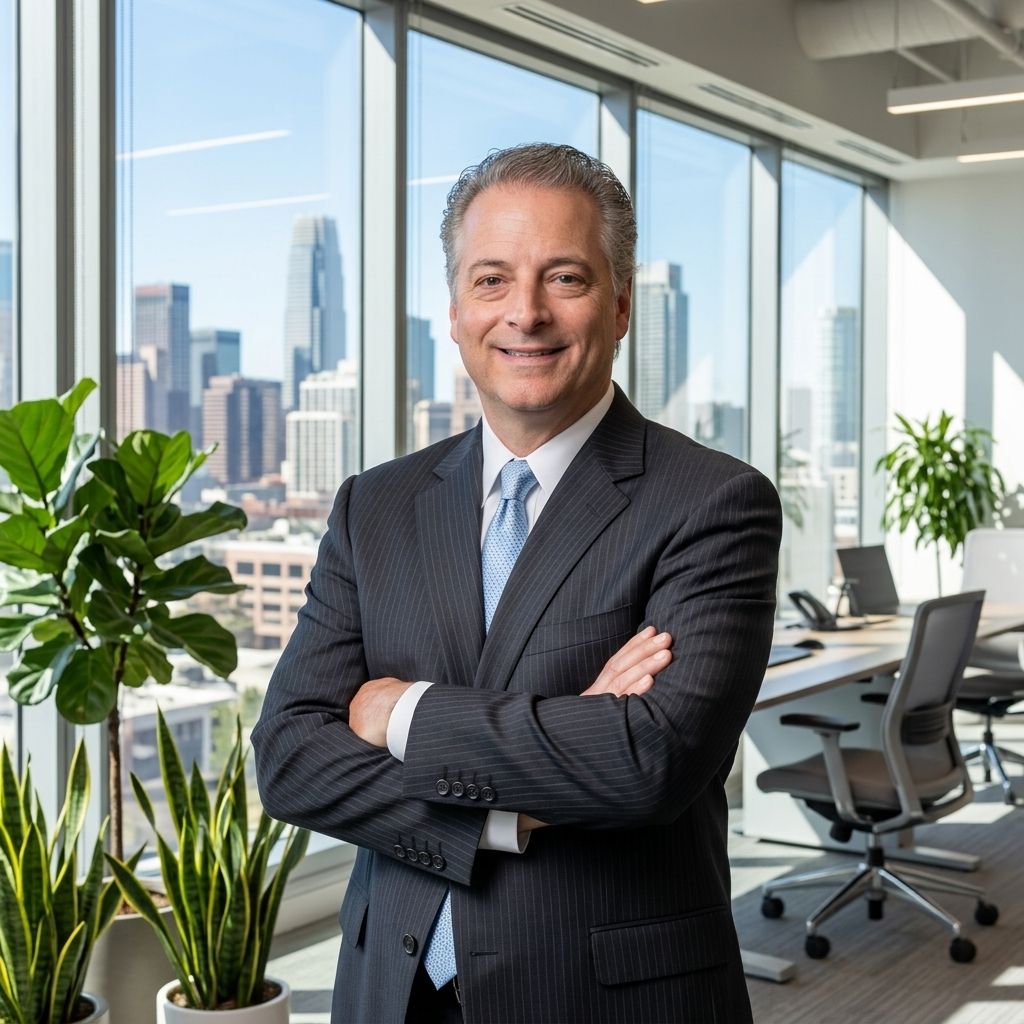 Smiling professional in a suit standing with arms crossed in a modern office with city skyline views