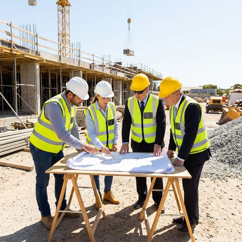 Construction crew in hard hats reviewing blueprints at a building site, with cranes and scaffolding nearby.