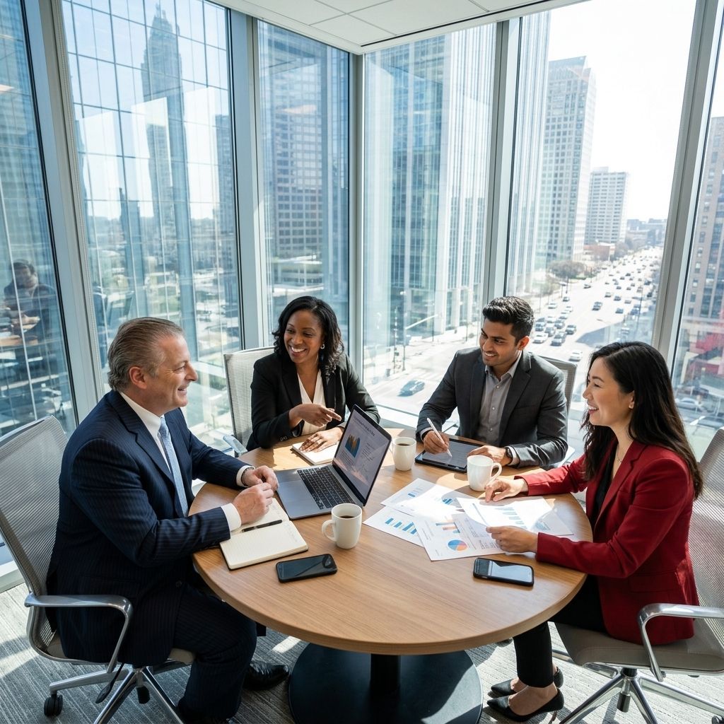 Four professionals in a glass office conference room discussing documents around a round table.