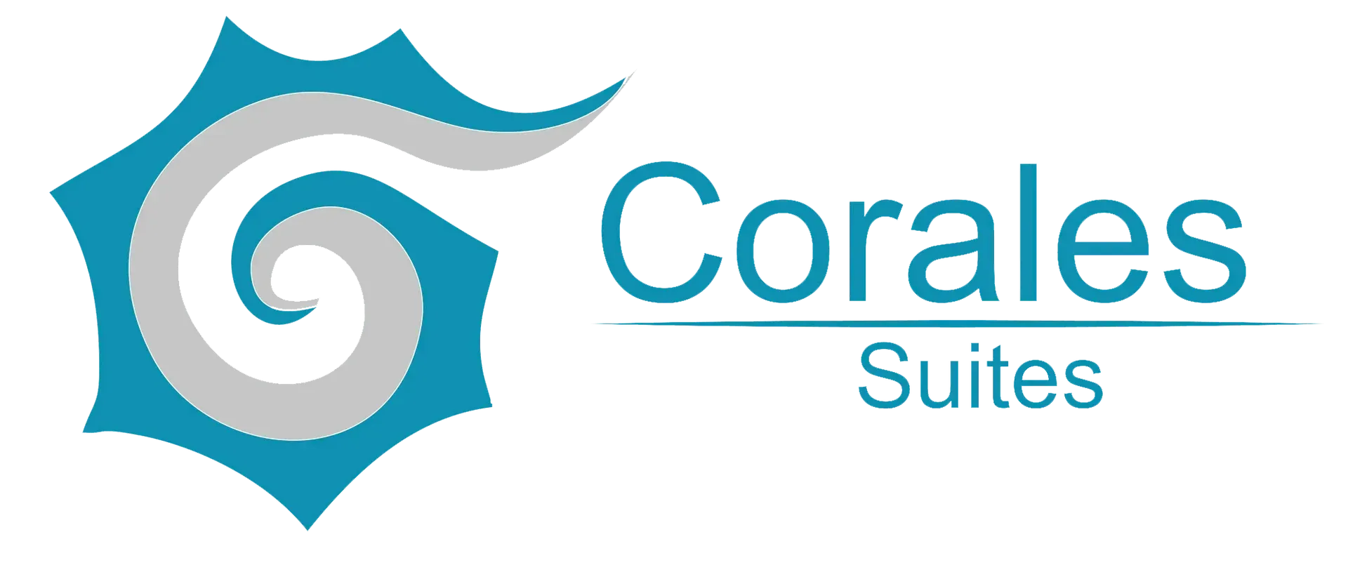 Logotipo de Corales Suites: diseño en espiral azul con el texto