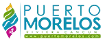 Puerto Morelos logo with colorful swirl graphic and website address.