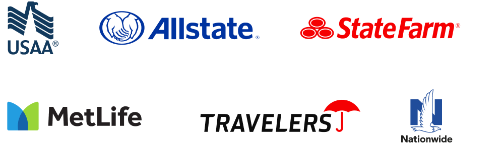 The logos for allstate , state farm , metlife , travelers , and nationwide are shown on a white background.