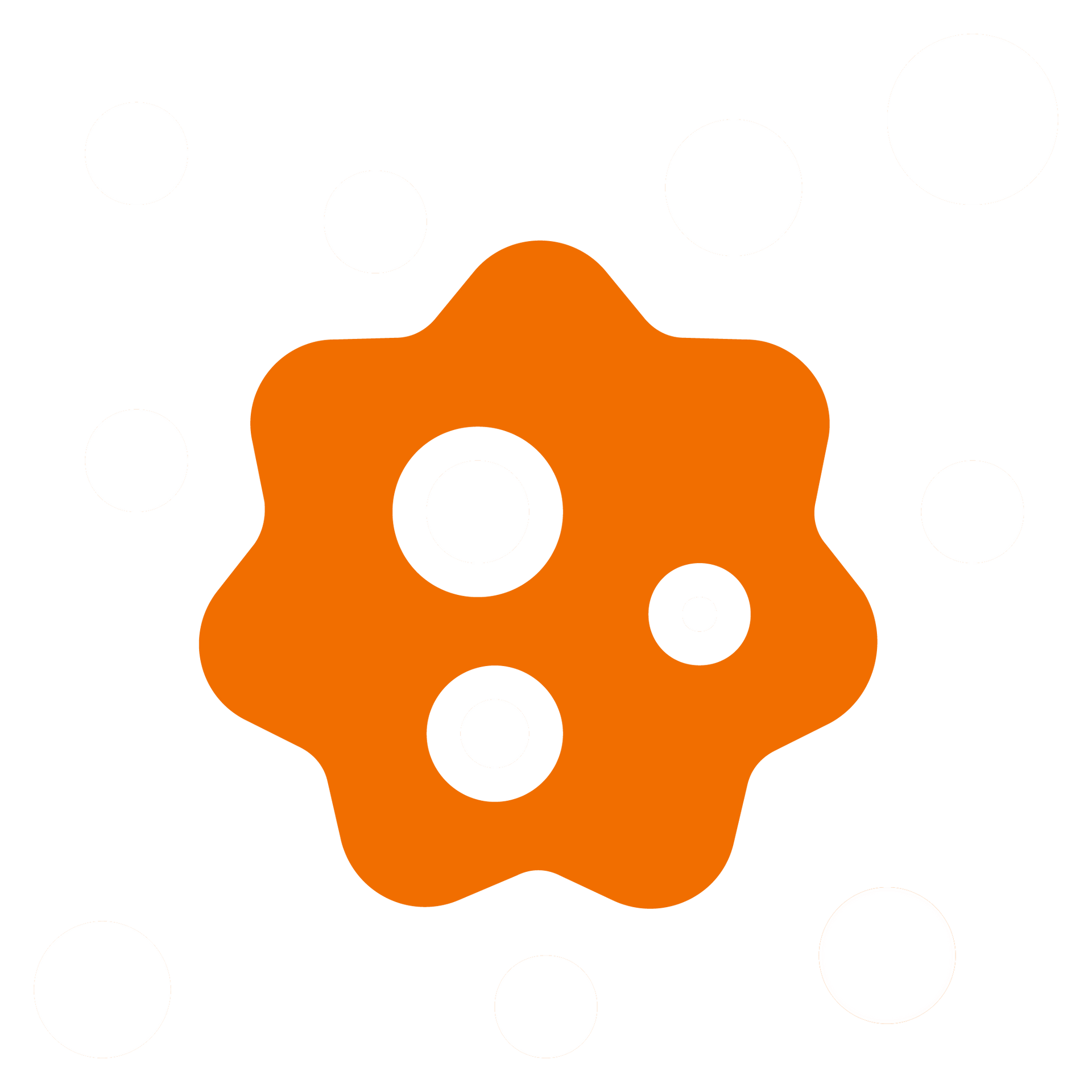 An orange icon with three white circles on a white background.