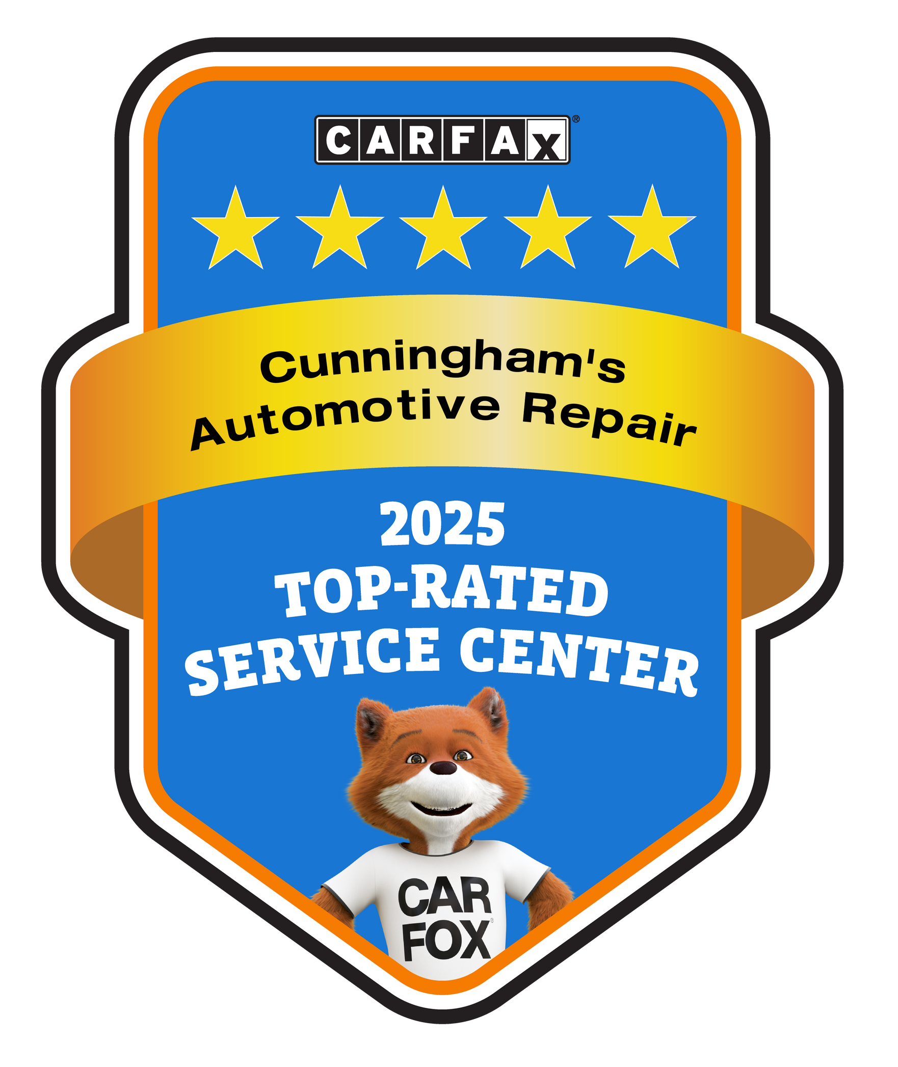 CARFAX 2025 Top-Rated Service Center award badge for Cunningham's Automotive Repair. Features a fox mascot and gold stars.