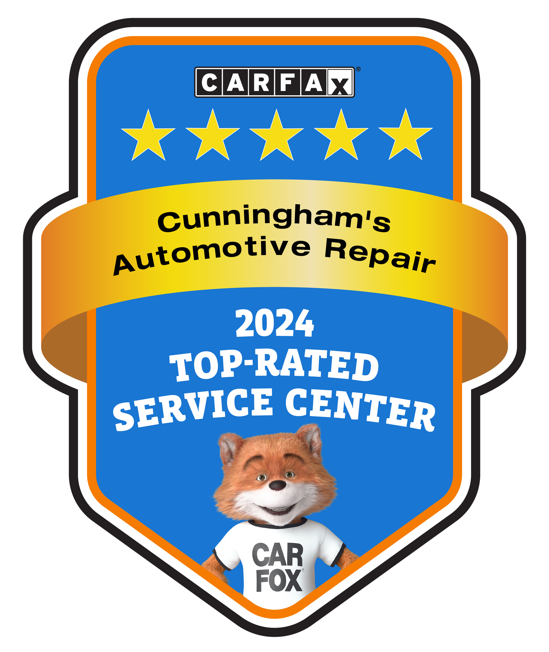 CARFAX Top-Rated Service Center award badge for Cunningham's Automotive Repair, with a fox mascot and five gold stars.
