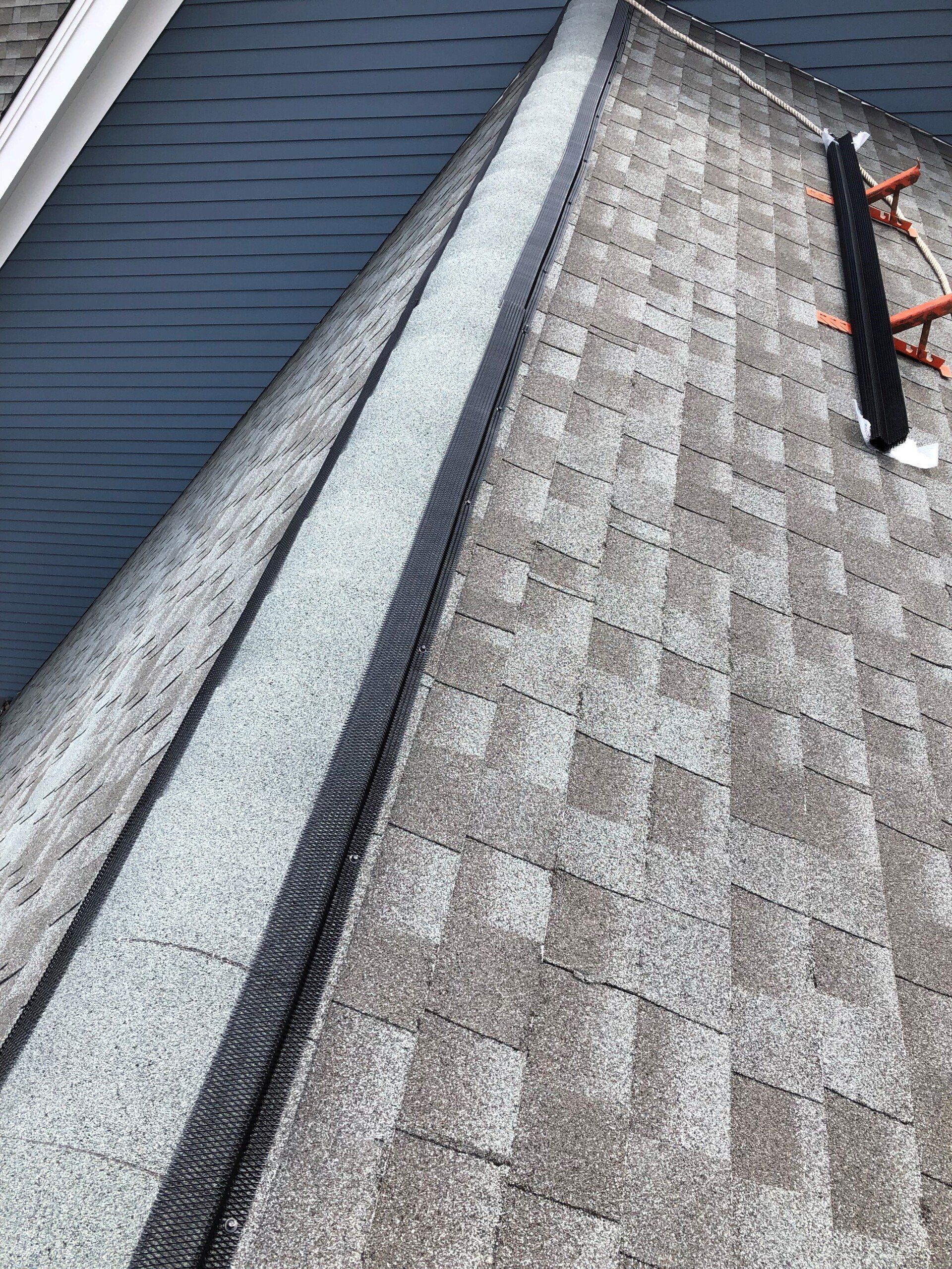 Roof with shingles and a gutter, with a blue siding on the left.